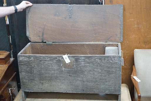 A 17th century six plank coffer, length 89cm, depth 34cm, height 46cm